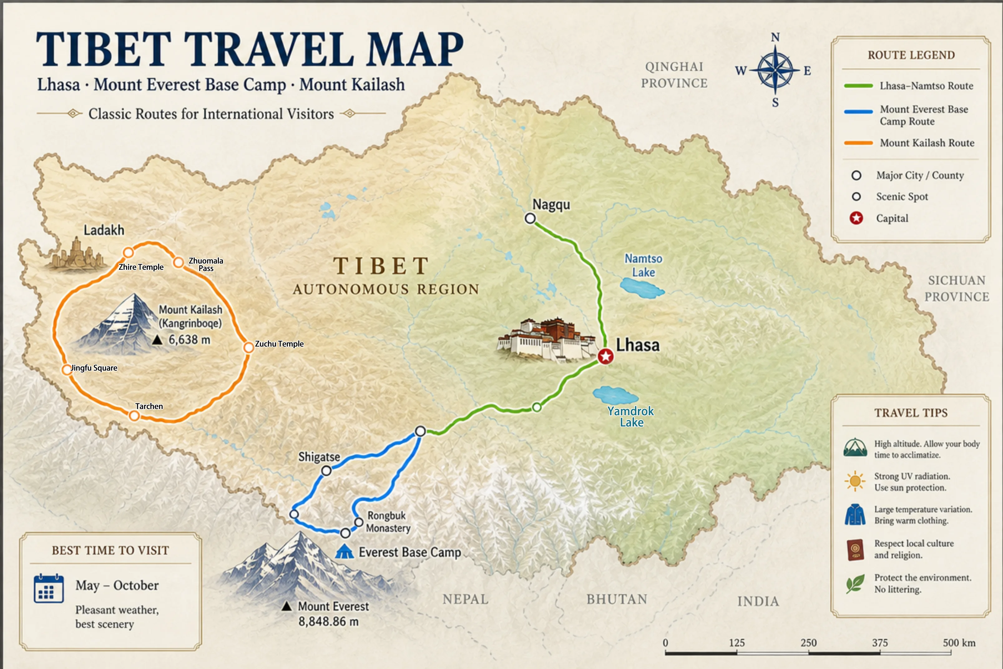 Tibet route map showing Lhasa, Everest and Mount Kailash