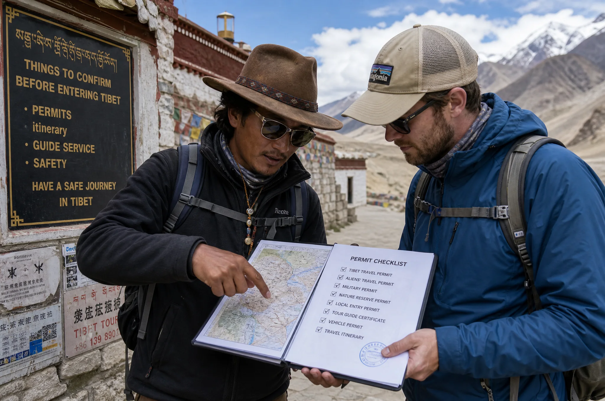 Traveler and guide reviewing a route plan